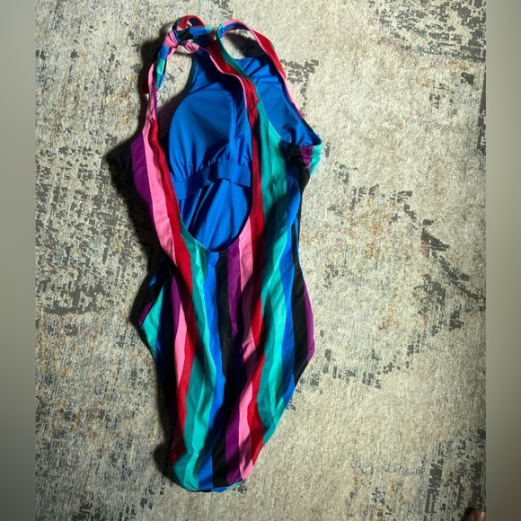 Old Navy High Tie-Neck Open Back Vertical Multi Stripe One-Piece Swimsuit - Picture 2 of 3